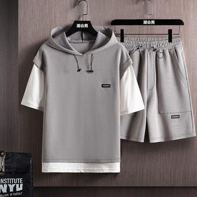 Summer Men's Fashion Waffle Short Sleeve T-shirt Two-Piece Men's Casual Comfort Large Size High-Quality Sports Set