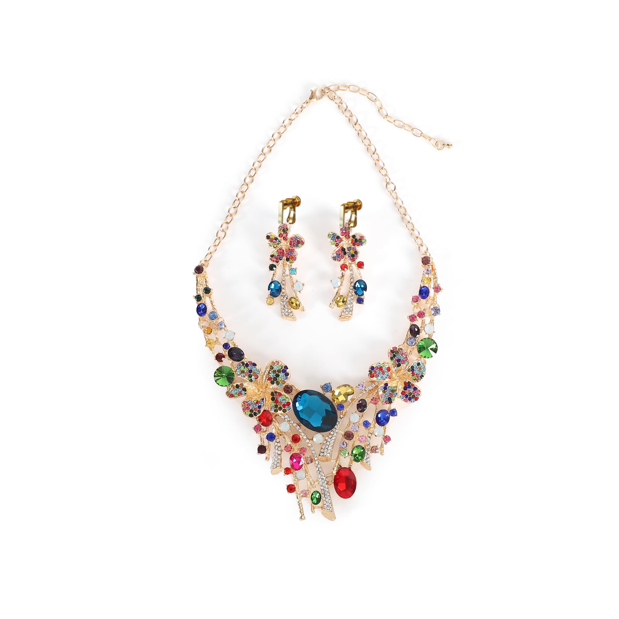 [KK Solis] Orchid Motif Earrings & Necklace Set with Marquise & Teardrop Crystals - Perfect for Concerts, Dance Performances, Recitals,