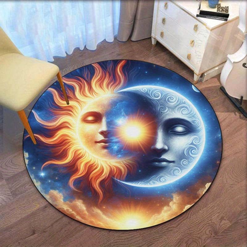 1pc Sun and Moon Face Print Round Rug - Machine Washable, Crystal Velvet Polyester for Living Room, Bedroom