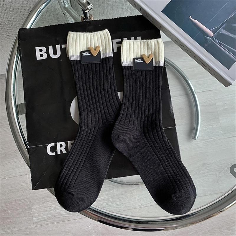 Japanese Style Women Y2K Girl Cotton Crew Socks Harajuku Sweet Love Label Colorblock Ribbed Knit Middle Tube Calf Socks