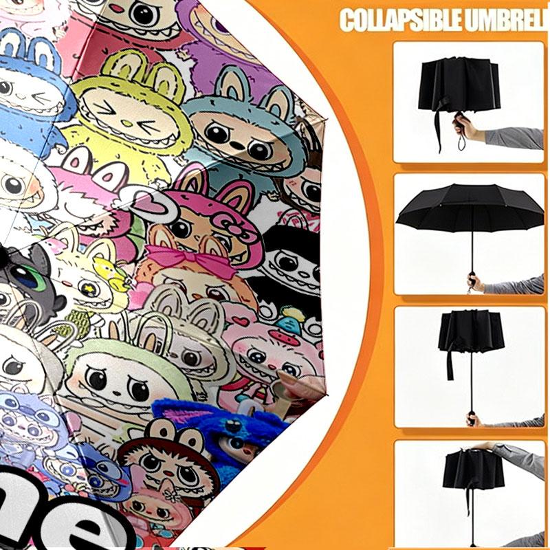 Custom Name Personalized Labubu Print Umbrella, Auto Open Close, 8‑Rib Sturdy Frame, Commute Camping Hiking Use, Birthday Gift
