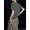 2024 Summer Women's Retro Dark Green Striped Short-Sleeve T-Shirt, Round Neck, Versatile, Thin