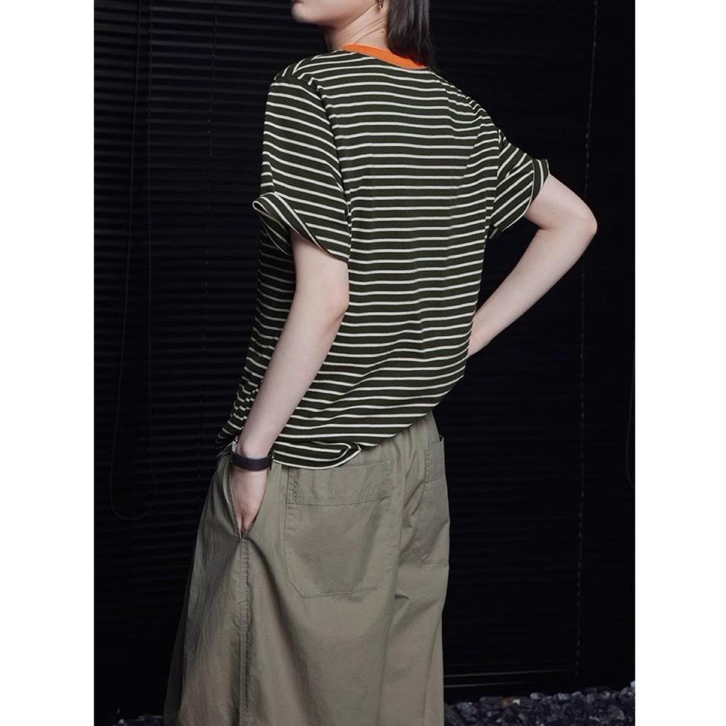 2024 Summer Women's Retro Dark Green Striped Short-Sleeve T-Shirt, Round Neck, Versatile, Thin