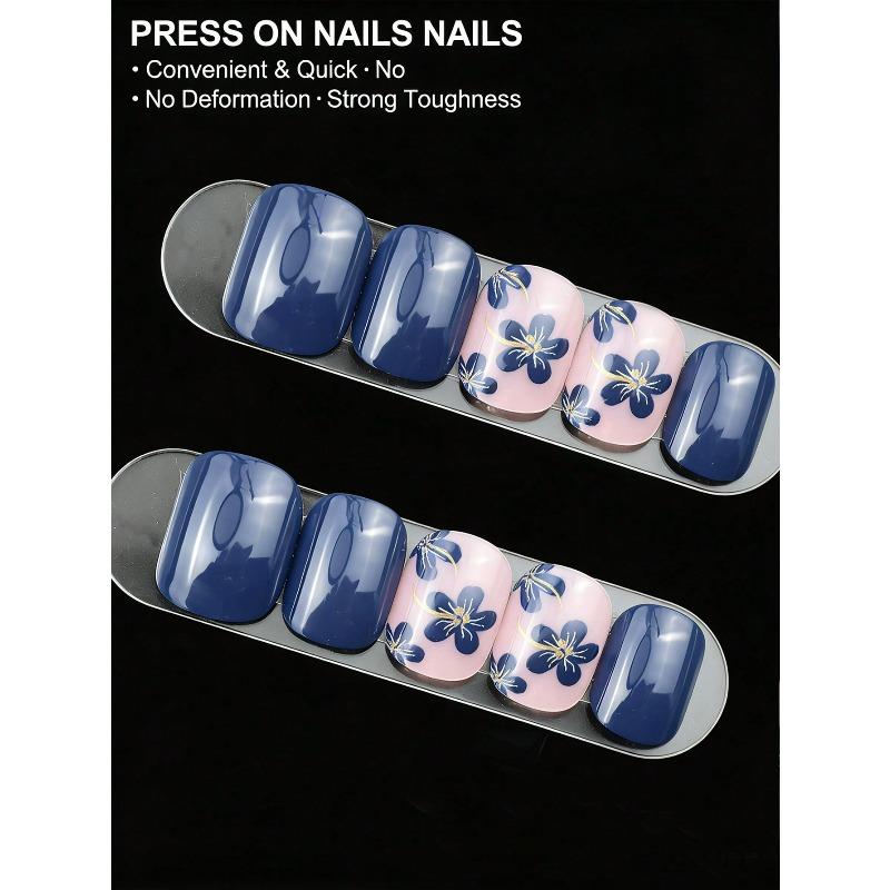 24 ks Jarní a letní modré květinové čtvercové nálepky na nehty, Zdobené vzorem modrých květin, Vhodné pro dámskou dekoraci nehtového umění | Květinový design nehtů