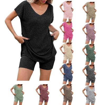 Women's Two Piece Summer Shorts Set Knitted Homewear V Neck Sports Suit