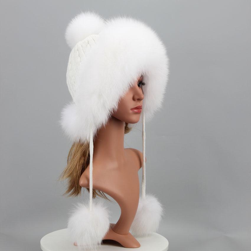Real Fur Hat For Winter Women'S Hat Natural Fox Fur Russian Ushanka Cap Thick Warm Ears Fashion Bomber Cap Girls Fur Hat Elastic
