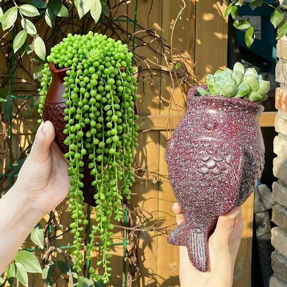 Adornos de Peces Estilo Rústico Macetero de Pared sin Taladro Cerámica Floral Decorativa Única Exterior