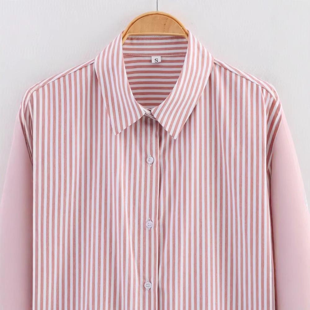 2025 Spring Women's European & American Style Long Sleeve Striped Shirt with Turn-Down Collar