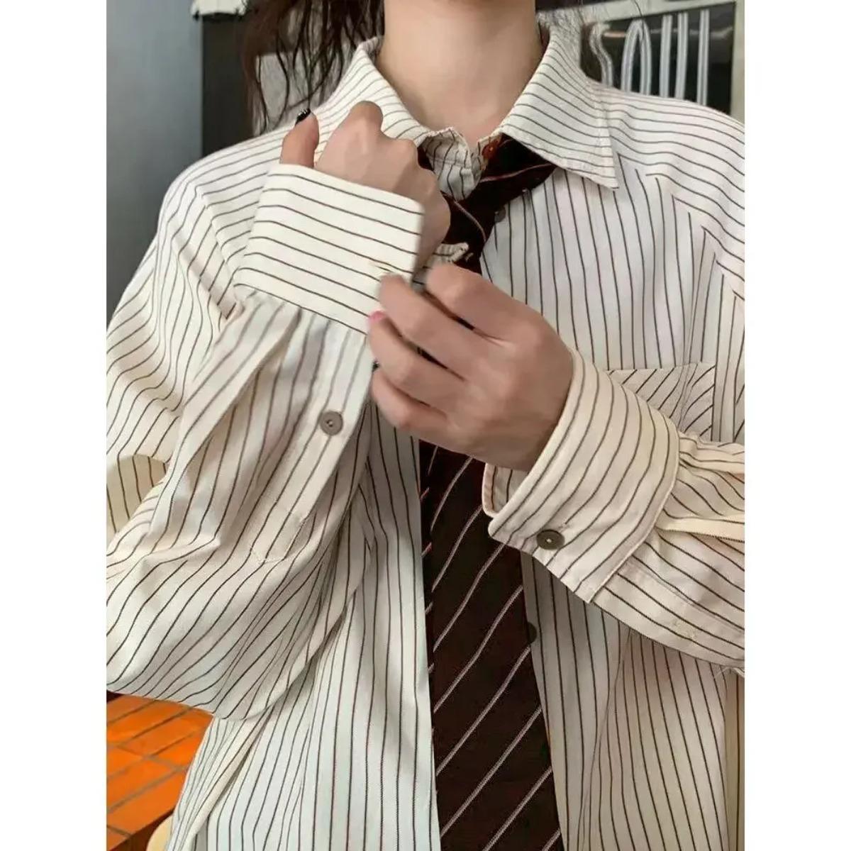 

Модная полосатая рубашка, элегантные женские блузки с длинными рукавами, подарочный галстук, свободные топы для женщин, летняя блузка XL