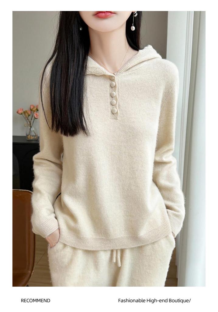 2026 A/W Women's Pure Wool Hooded Knitwear - Long Sleeve, Buckle Closure, Solid Color, Loose Fit Sweater
