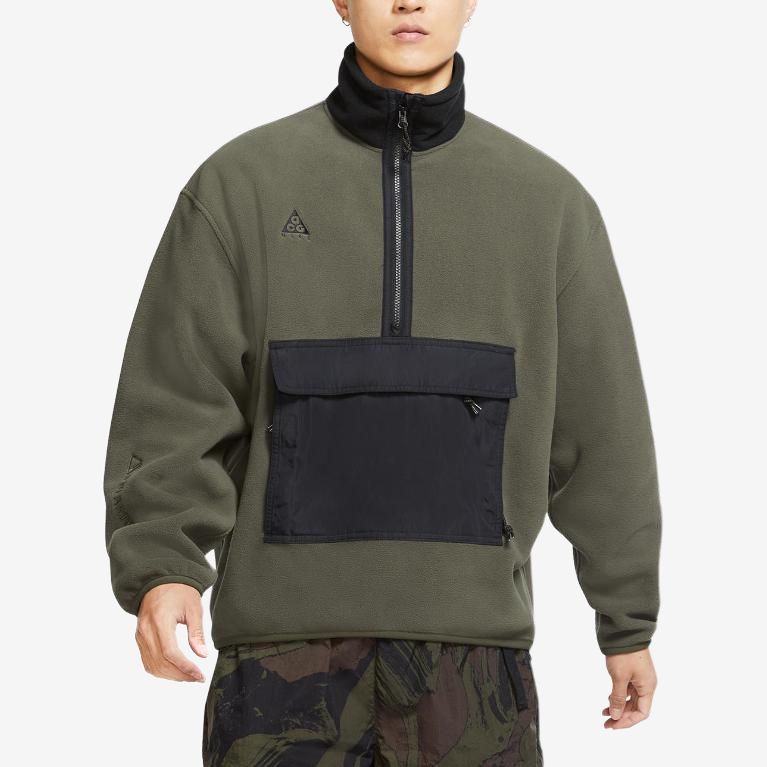 Nike ACG Logo Embroidered Half-Zip Fleece Pullover Jacket Men Jackets Army-Green CK6839-325
