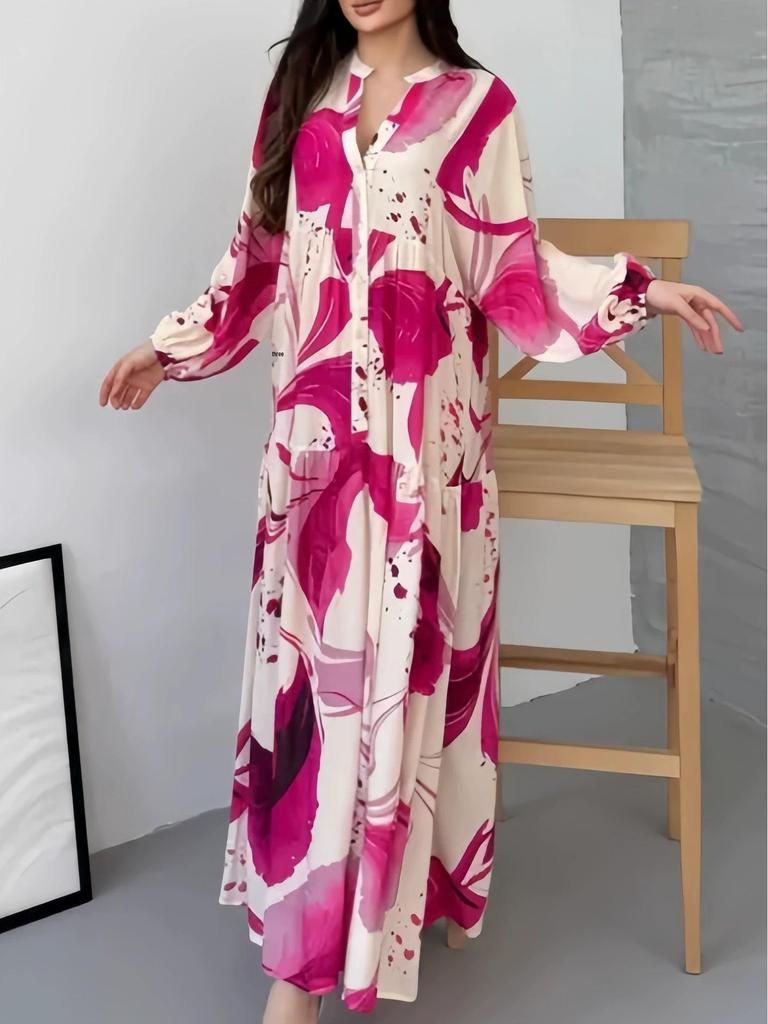 2026 European & American Trendy Printed V-Neck Long Sleeve Casual Maxi Dress