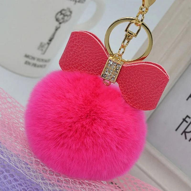 

2024 Custom Bow Cute Keychain Faux Rabbit Fur Ball Key Chain Fur Pompoms for Car Bag Key Ring Key Chain