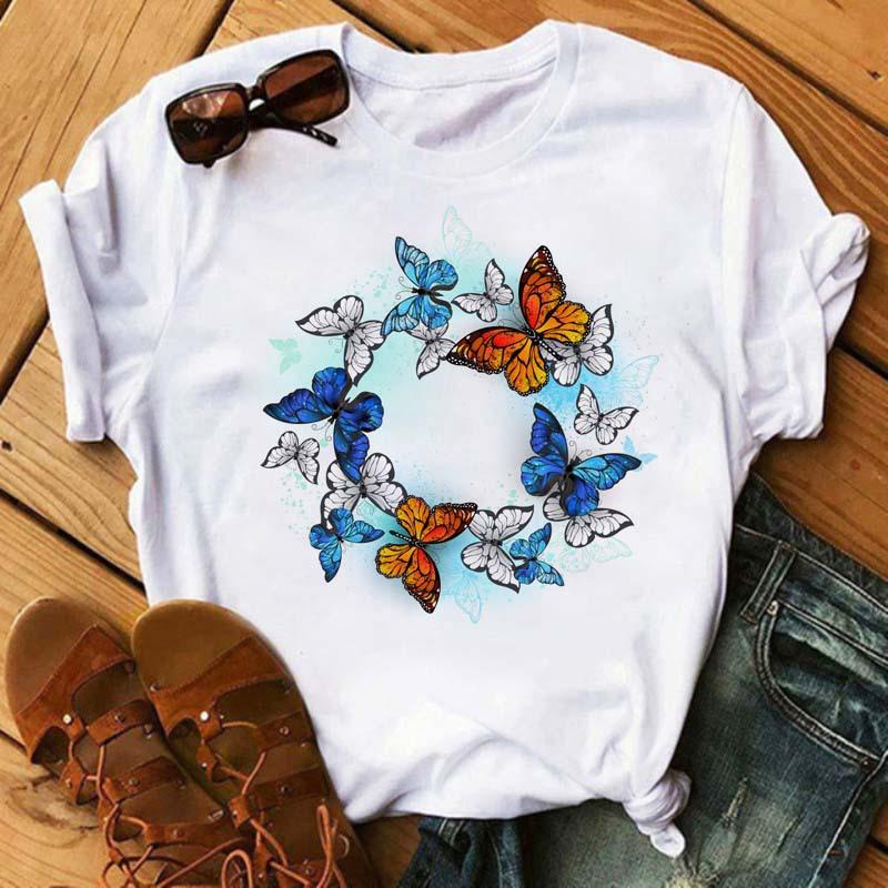 Summer Butterfly Print Plus Size Loose Round Neck Pure Cotton Short Sleeved Top T-Shirts Women’s Tees