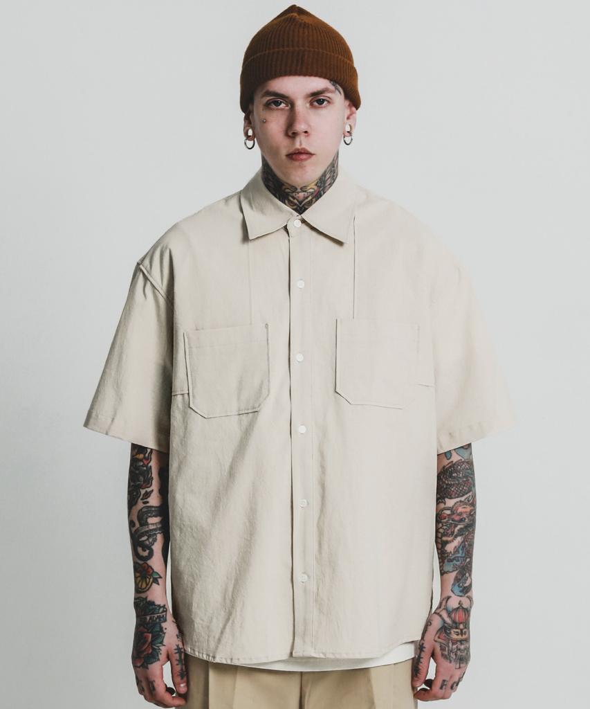 STAGE NAME Vintage Washed Cotton Double Shoulder Short Sleeve Shirt_L Beige