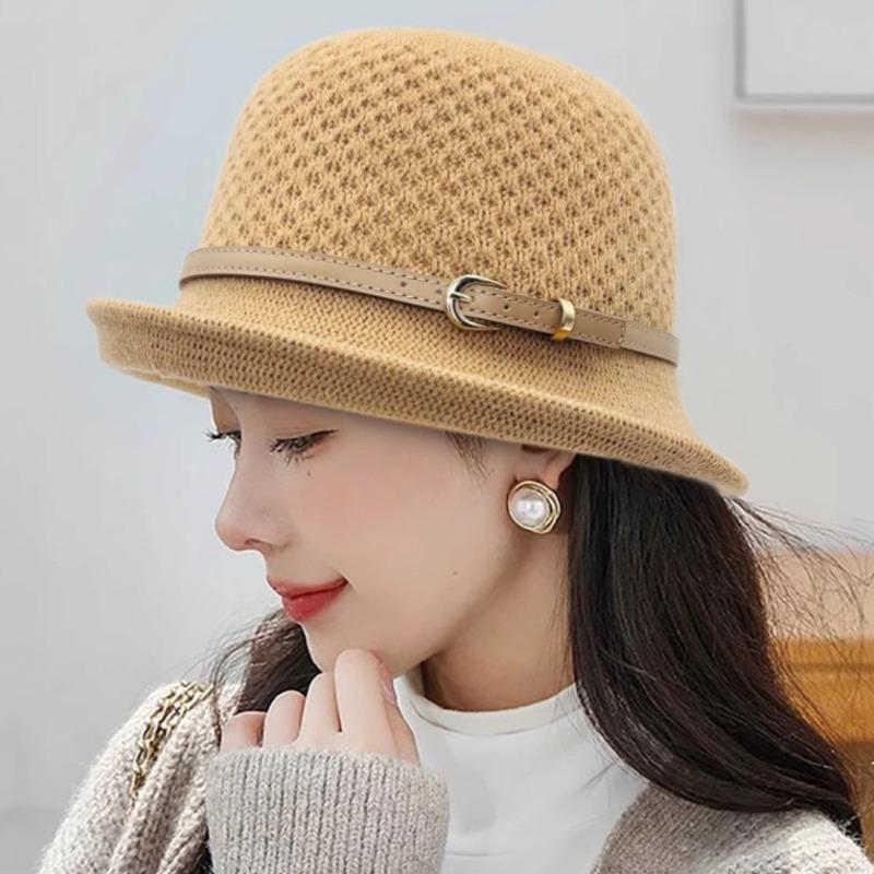 Autumn and winter basin hat wool hat bucket hat autumn and winter elegant and elegant temperament leather buckle new knitted versatile and elegant