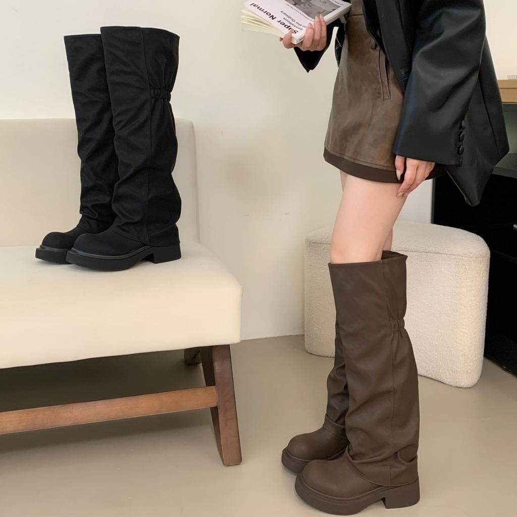 2025 autumn and winter new round head tall tube thin boots trousers women's fashion thick heel knight women's boots