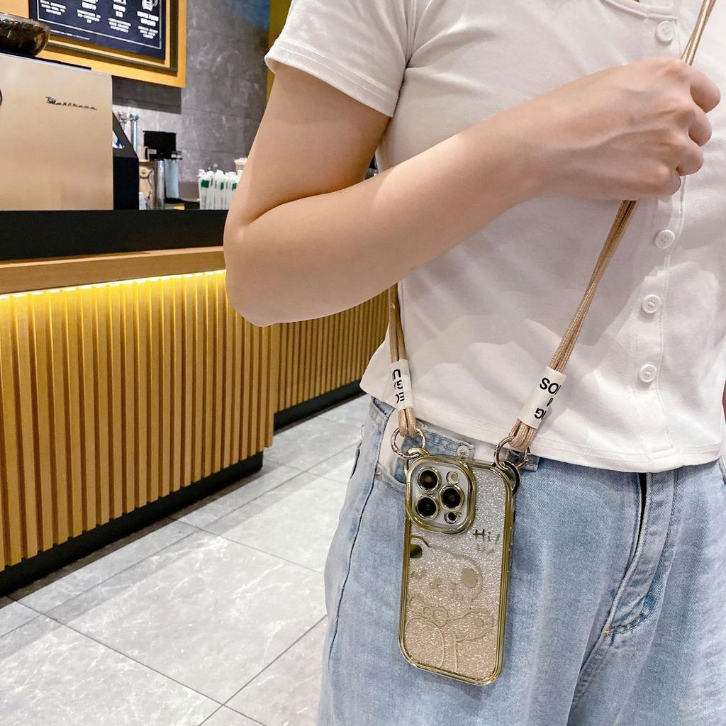 Crossbody Compatible iPhone 14 Case Apple 15 Cute Bear Electroplated Glitter 16 Full Coverage 13 Lanyard Phone Case