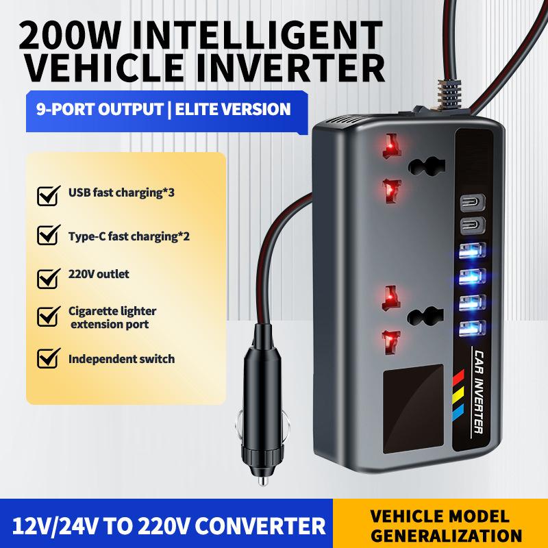 DC 12V/24V To AC 220V 200W Car Inverter PD+QC3.0 Dual Type C+4 USB Ports Phone Charger Cigarette Lighter Power Adapter 9 In 1