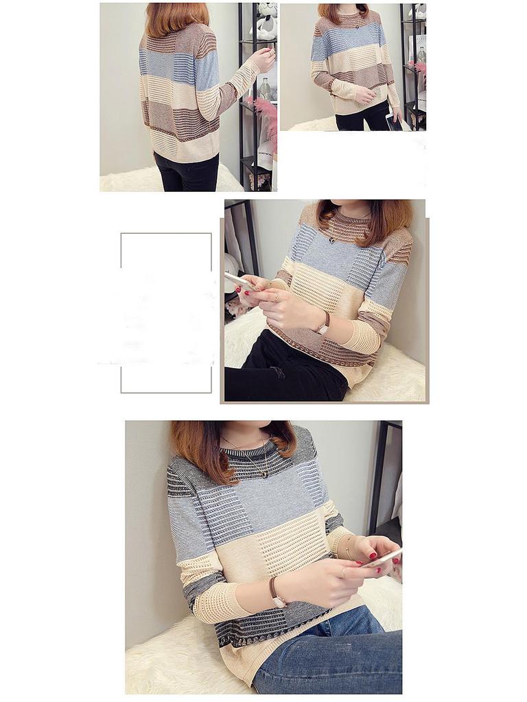 Women's Color Block Knitted Pullover: Spring & Autumn Loose Striped Long Sleeve Sweater with Hollow Thin Cardigan Design