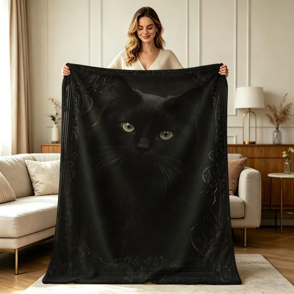 All Season Flannel Fleece Blanket with Dark Gothic Black Cat And Vintage Frame Print Soft Warm Cozy Lightweight Throw Blanket for Sofa Couch Bedroom L