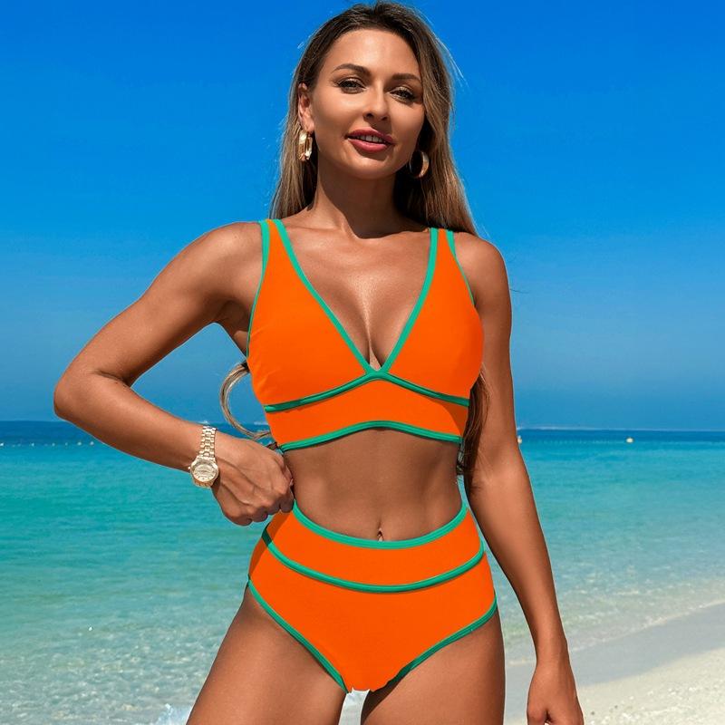 Black Two Piece Bikini Set with White Straps, High Waisted Deep V Swimsuit