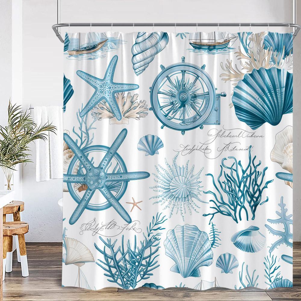 Nautical Sea Blue Shower Curtain Seashell Coral Seafish Seaweed Rudder Conch Ocean Bathroom Decoration Polyester Bathtub Curtain