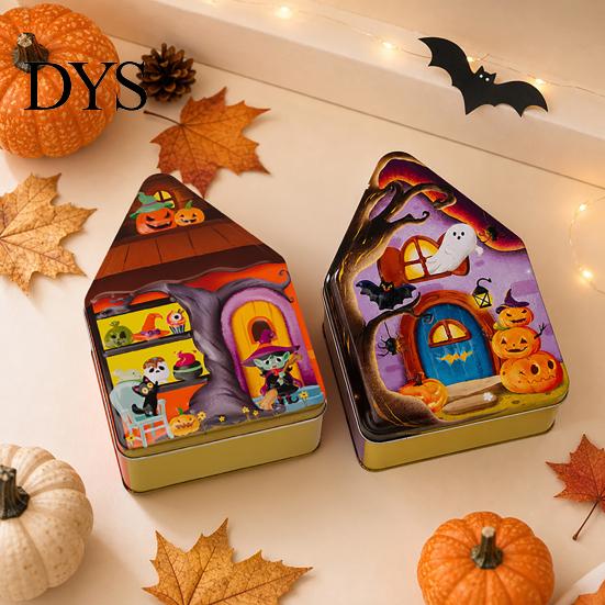 Decorative Metal Containers for Candies Halloween Tin Candy Box, Haunted House Pumpkin Bat Print Storage Jar Party Favor Boxes Favors, Small