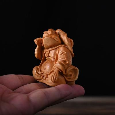 Solid Wood Carving Fortune Telling Golden Toad Sculptures and Figurines Cute Home Room Office Wealth Luck Feng Shui Decor