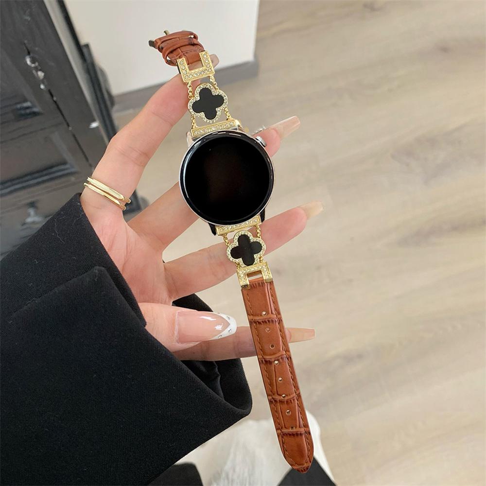 20mm 22mm Luxury Clover Diamonds Strap For Samsung Galaxy Watch 6 4 Classic 3 5 Pro 40 44 42 46 mm Leather Bracelet Women Band
