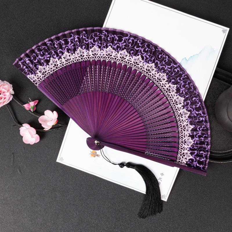 Chinese Style Folding Folding Fan Change Color With Tassel Dance Fan Silk Cloth Bamboo Summer