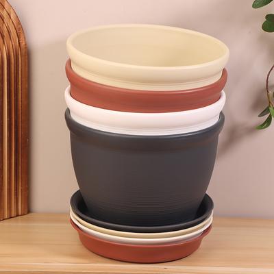 1Pc With Tray Round Thick Imitation Ceramic Flower Pot Pp Flower Pot Indoor Planting Living Room Balcony Bonsai Pot