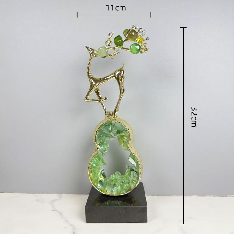Metal Handicrafts Crystal Green Gourd Sculpture Golden Deer Metal Figurine Lucky Crystal Statue Home Decoration Accessories