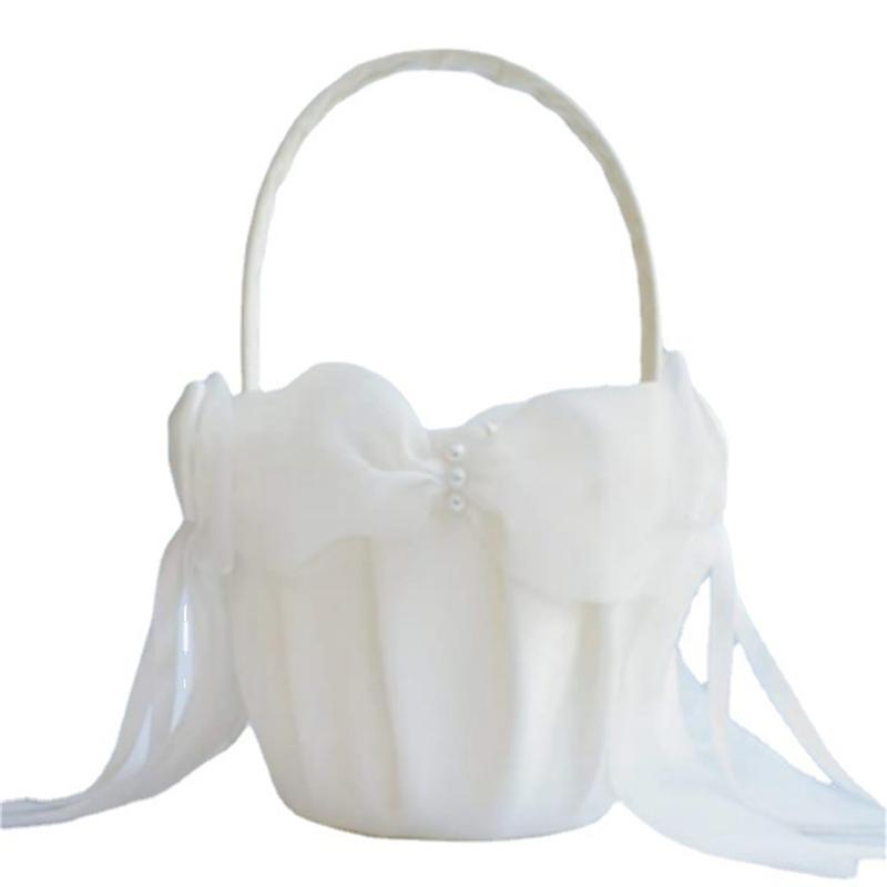 20 Cm White Flower Girls Basket Silk Wedding Basket for Flower Bride/Kids Hand Held Wedding Ceremony Party Decorations