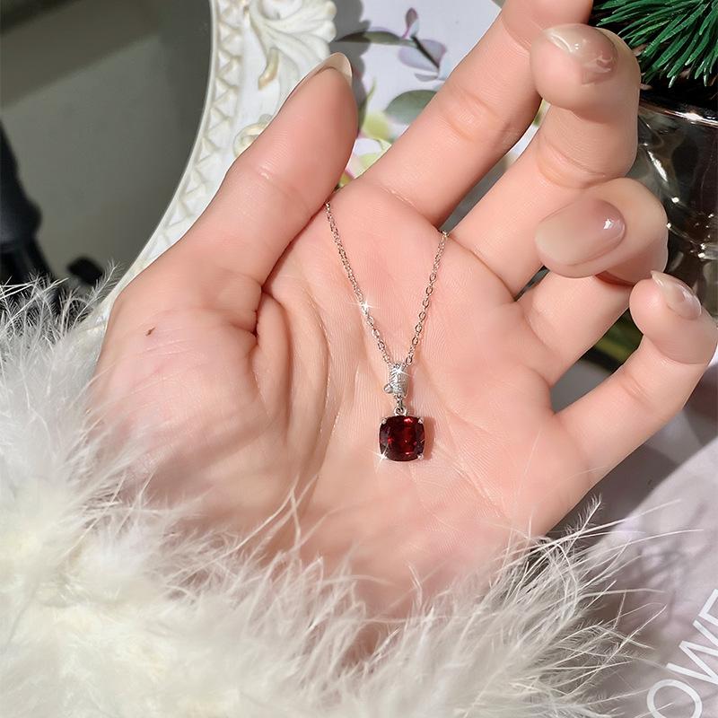 Women's S925 Pure Silver Necklace, Ice-Cut Natural Crystal, Premium Gemstone Series, Princess Square Pendant