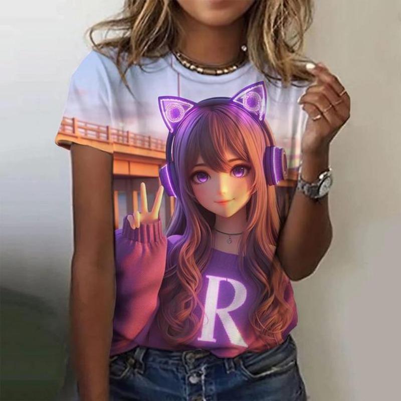 Stampa Cartone Animato Bambina Carina T-shirt da Donna Estate Nuove Maniche Corte T-shirt Moda Larga Street Scollo a O Abbigliamento Donna Top