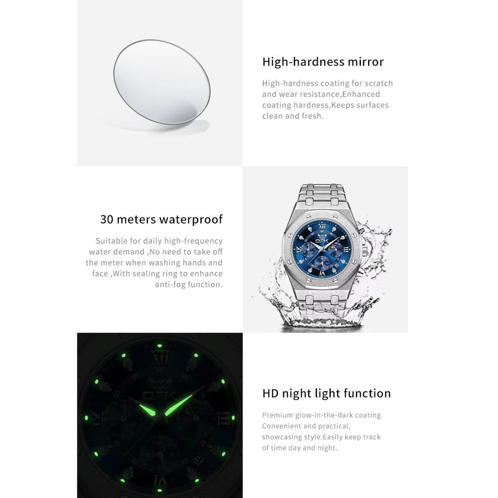 Waterproof Mens Chronograph Watches Steel Strap Moon Phase Calendar Frosted Metal Casual Wrist Watch