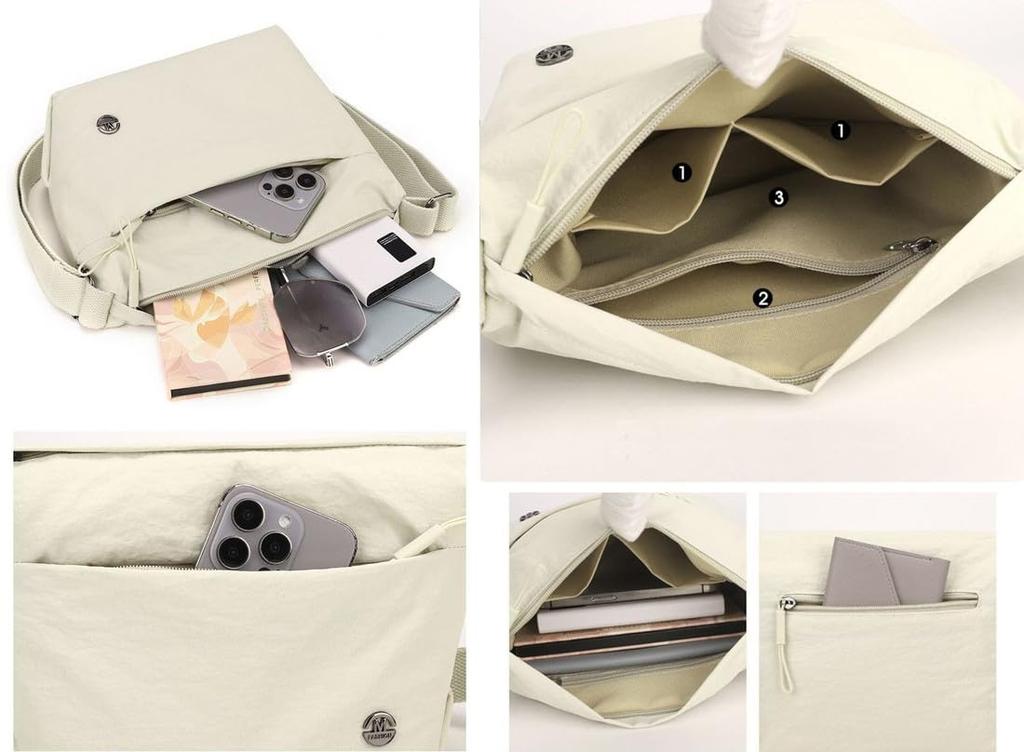 Jamport Wrinkled Nylon Compact Crossbody Shoulder Bag for Women (Off White)