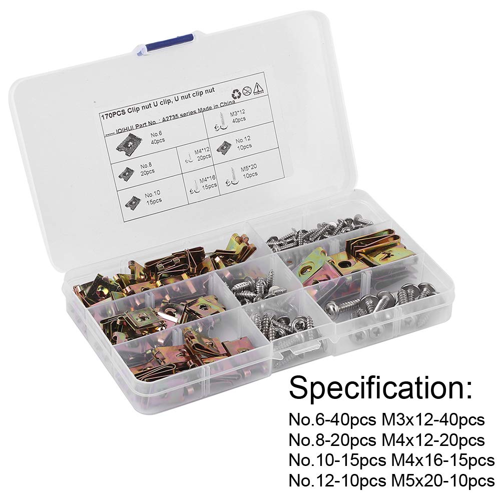 Car U Clip, Automotive U Type Nut Screw Clip Metal Body Panel Clip Interior Trim Fasteners with Stainless Steel Screws Assortment Kit for Motorcycle