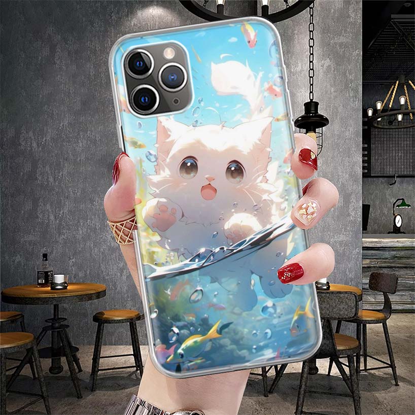 Cartoon Cute Cat Fish Aesthetic Soft Phone Case For IPhone 11 17 Air 16E 16 Pro Max 15 + 14 Plus 13 Mini 12 Apple 7 SE 8 Fundas
