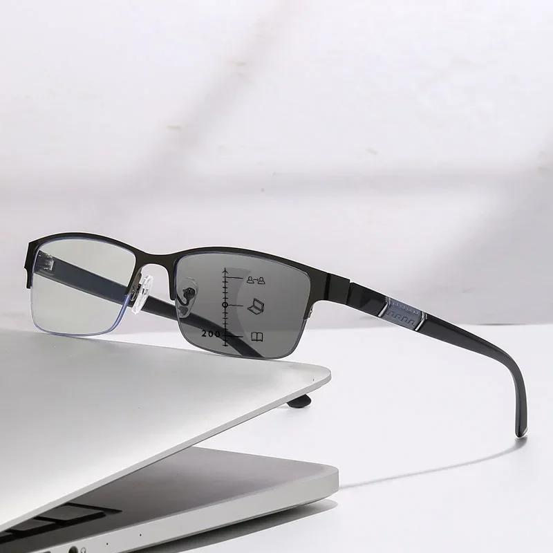 Heren Fotochrome Multifocale Brillen Metalen Frame Verziend Slimme Leesbrillen met Zonnefilters