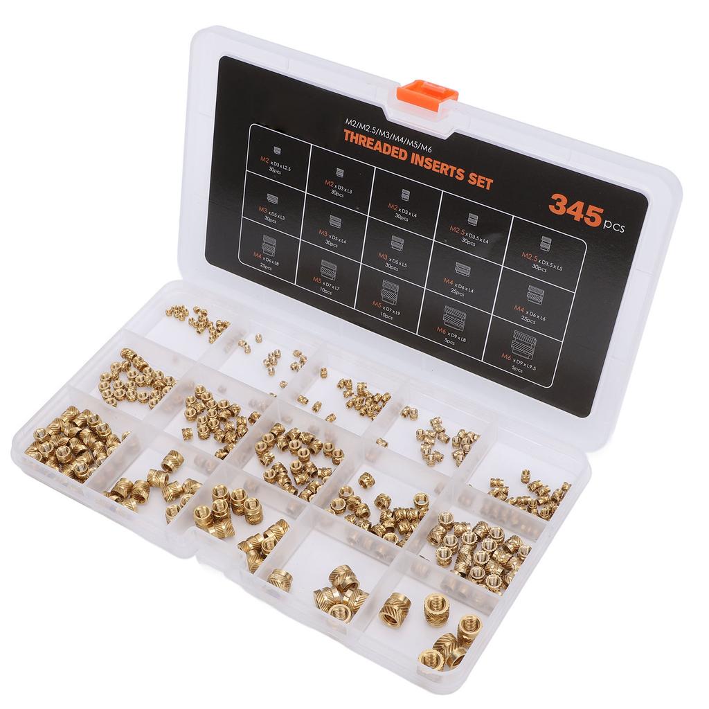 345PCS Set Threaded Inserts M2 M2.5 M3 M5 M6 Brass Female Thread Nuts Inserts with Box for 3D Printi