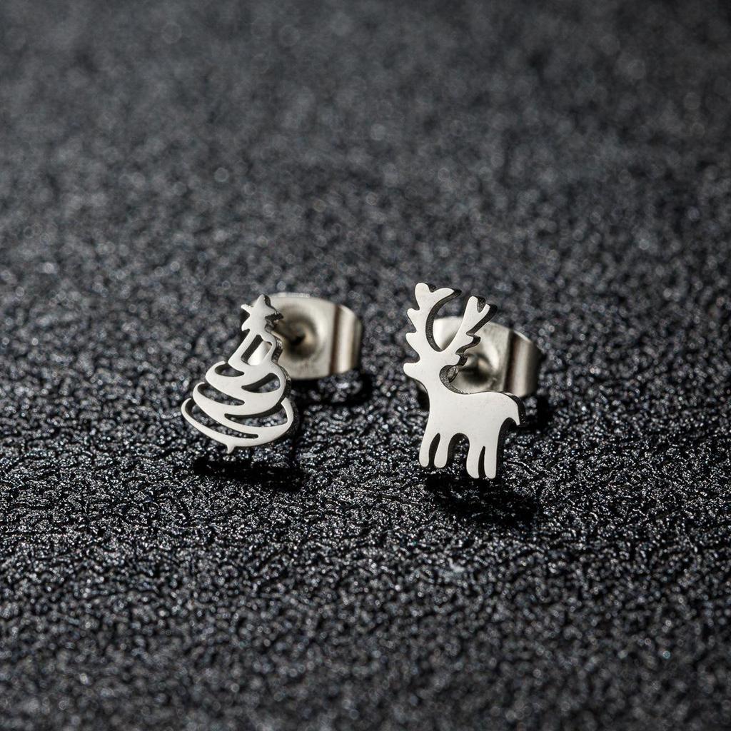Elegant Asymmetric Reindeer Snowflake Earrings - Stainless Steel Christmas Studs for Women