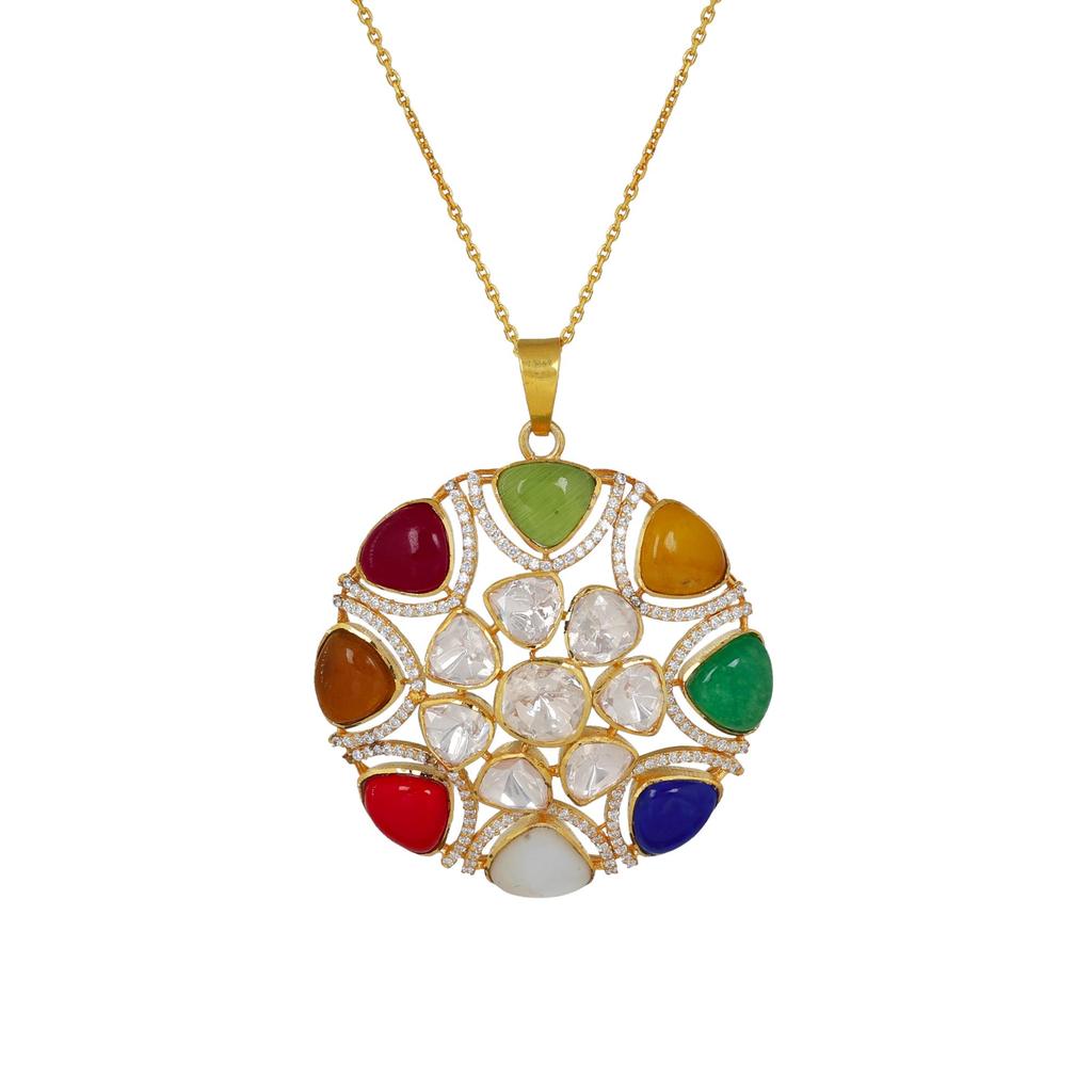 Moissanite Gold Plated Pendant, Indian Kundan Pendant 925 Sterling Silver Handmade Jewelry Women Polki Jewelry