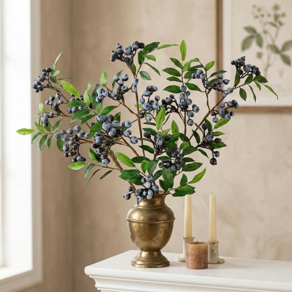 Green Leaves Artificial Blueberry Fruit Faux Good Luck Fruits Plastic Artificial Foam Berries Branch Realistic Luxury