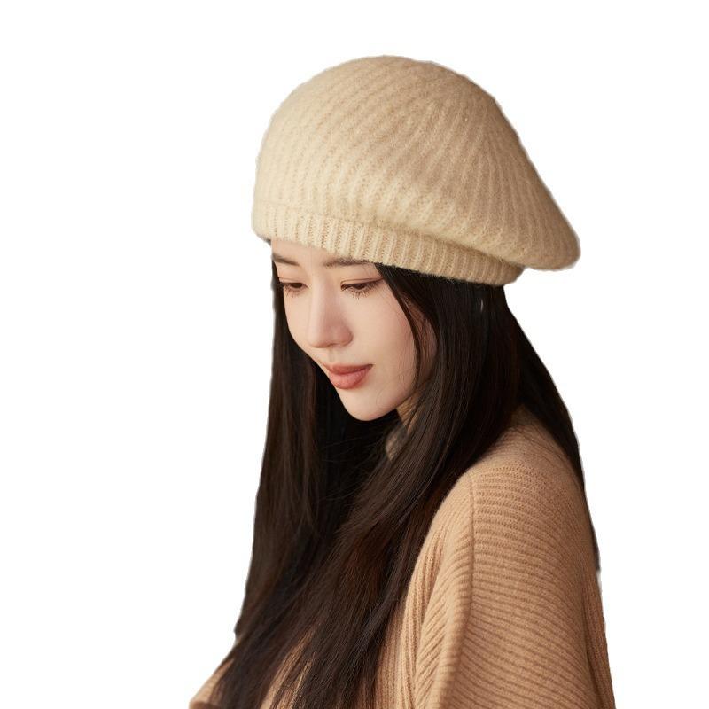 Hat Female Rabbit Fur Knitted Warm Wool Hat Solid Color Versatile Beret Literary and Retro Painter Hat