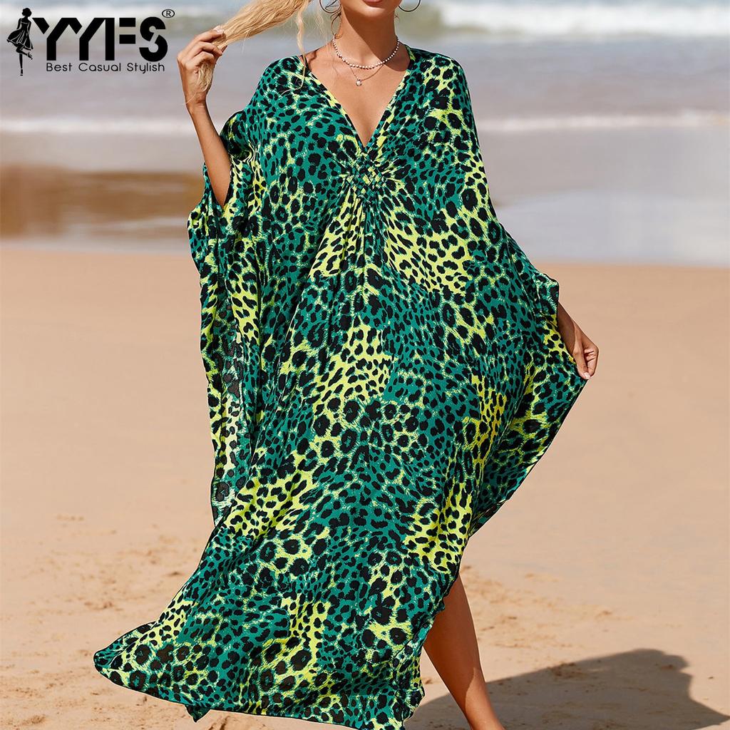 YYFS Women's Fashion Vacation Summer Spring Leopard Dot Print Long Sleeve V-Neck Casual Dresses