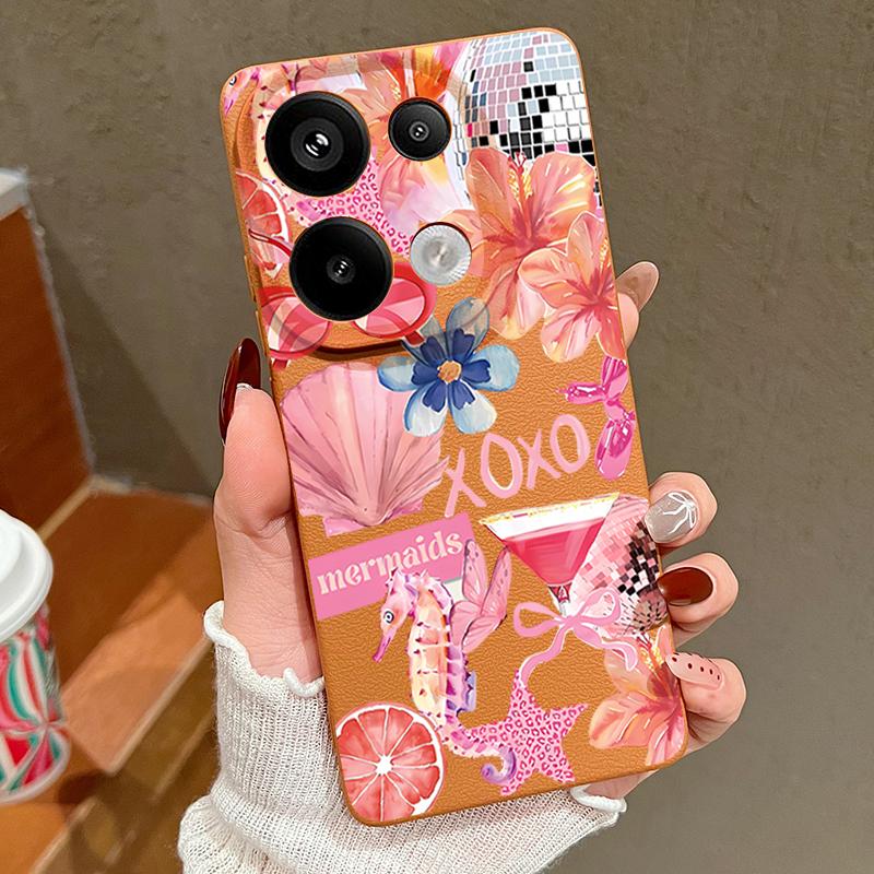 Růžový Kreslený Vzor Květinový Kryt Pro Xiaomi Redmi Note 14 13 Pro 5G 4G 12 11 Pouzdro Xiaomi 14T 13T 11T Pro Kožená Textura Silikonový Kryt