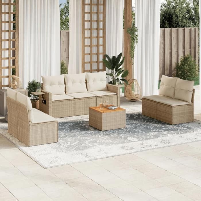 VidaXL Salon de Jardin avec Coussins 8 pcs, Canapés de Terrasse, Ensemble de Meubles de Patio, Mobilier d'Extérieur, Beige 3256849