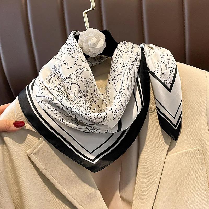 New 70*70cm Floral Print Skinny Silk Square Scarf for Women Soft Satin Neckerchief Foulard Hairband Female Bag Scarves Gift